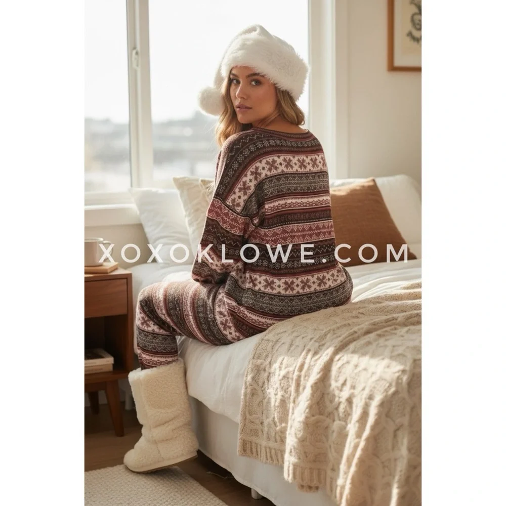 Peach Love Burgundy Faire Isle Pajama Set | Soft Knit Loungewear - Picture 5 of 10